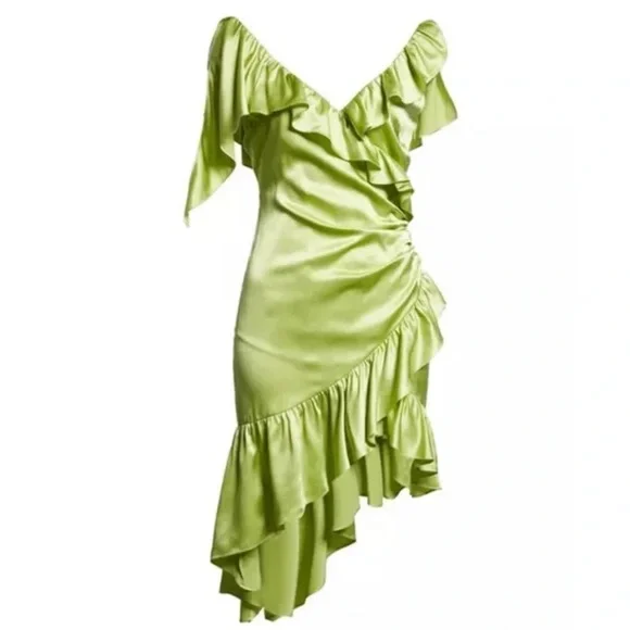 cinq a sept | Dresses | Cinq A Sept Lime Green Satin Ruffle Trim  Asymmetrical Hem Mini Dress Size 2 | Poshmark